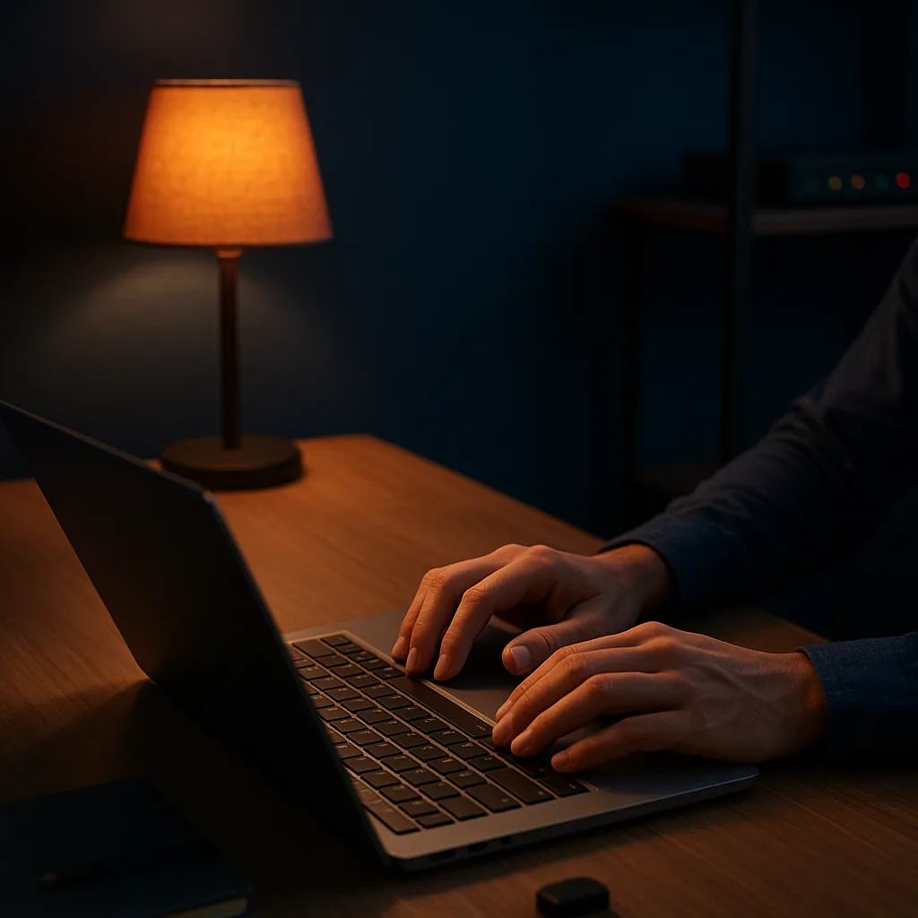 Mãos digitando num notebook sobre uma mesa de escritório, com uma luminária acesa